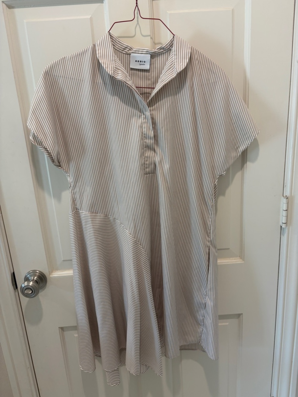 Akris Punto Taupe & White Pinstripe Short-Sleeve Shirt Dress